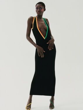 Christopher John Rogers Black Plunge Maxi Dress with Color-Trim